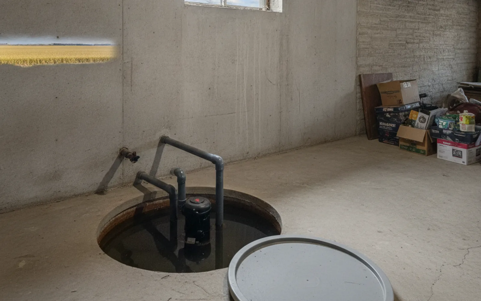 Long-term radon detector sitting on a shelf in a finished basement